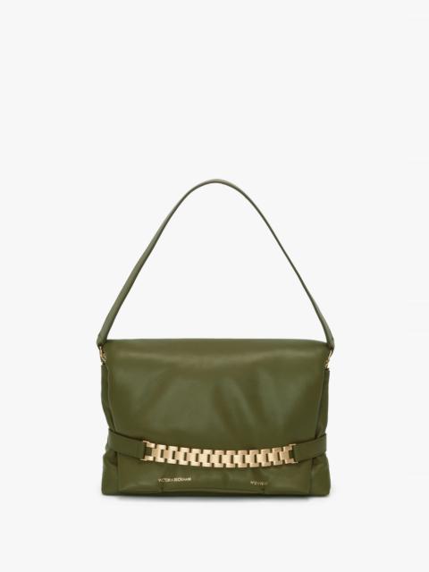 Puffy Chain Pouch With Strap In Khaki Leather