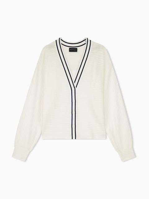 EMPORIO ARMANI CARDIGAN IN VISCOSE WITH RIBBED TEXTURE AND STRIPED V-NECK