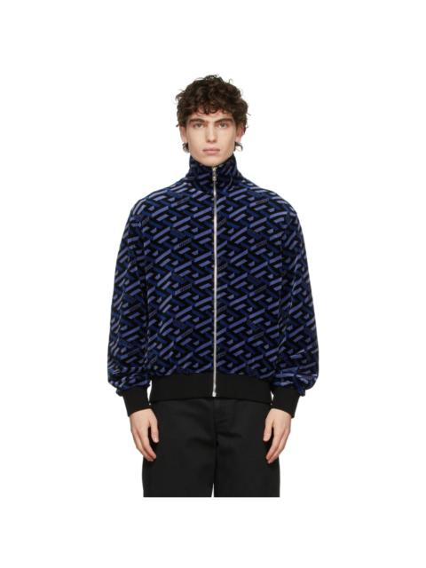 VERSACE Blue & Black Chenille Monogram Zip-Up Jacket