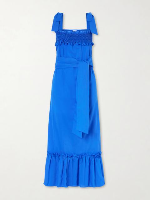 LORETTA CAPONI Armida Belted Ruffled Smocked Cotton-poplin Maxi Dress