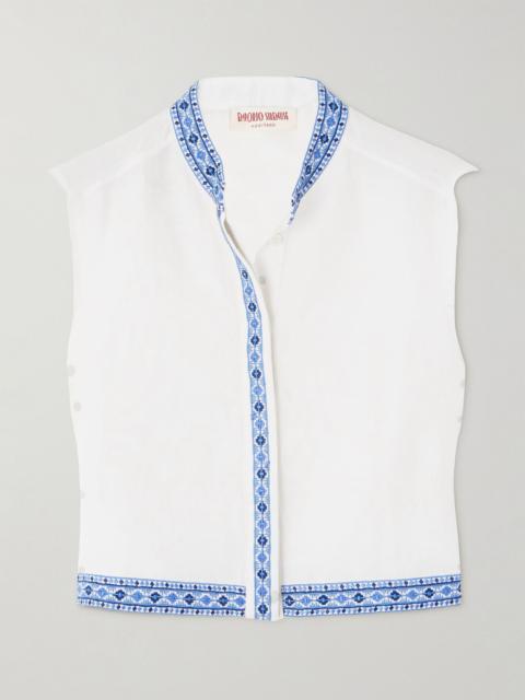EMPORIO SIRENUSE Andorra cropped embroidered linen and cotton-blend top Off-white