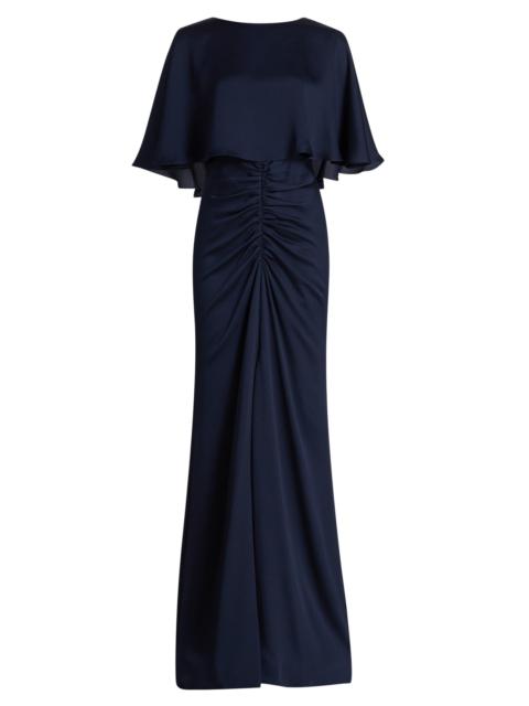 AMSALE Women's Capelet Ruched Gown - Navy