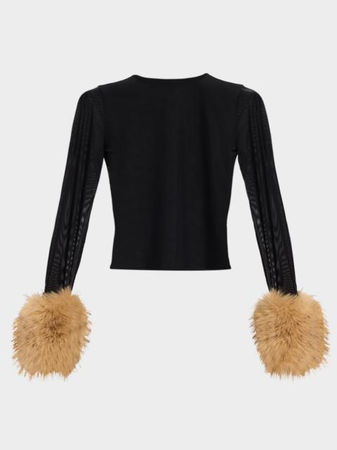 Alice + Olivia Delaina Mesh Top with Faux Fur Cuffs