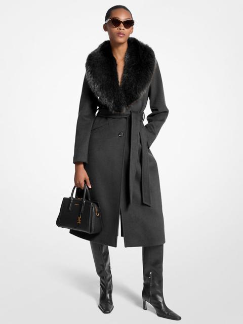 MICHAEL KORS Faux Fur Trim Wool Blend Coat