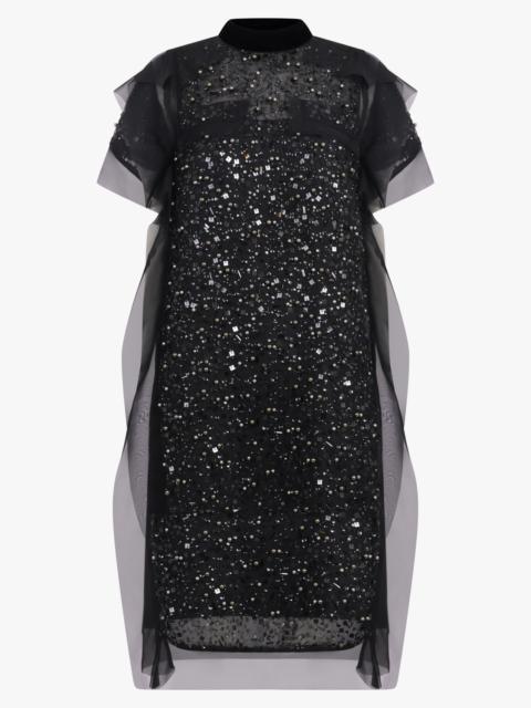 SEQUIN EMBROIDERY SHEER S/S MIDI DRESS | BLACK