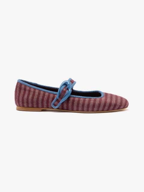 Larroudé Verona Ballet Flat In Wine Striped Fabric and Blue Stoned Trimming