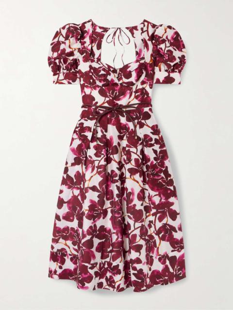 REBECCA VALLANCE Nerissa belted leather-trimmed floral-print voile midi dress Purple