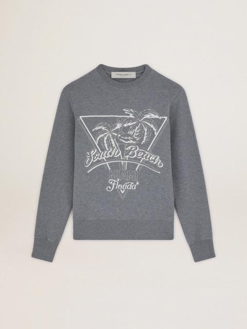 Golden Goose Gray Journey Collection sweatshirt with palm print and South Beach lettering in white