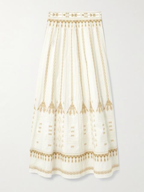 EMPORIO SIRENUSE Camille Calliope Paneled Embroidered Cotton-blend Poplin Maxi Skirt