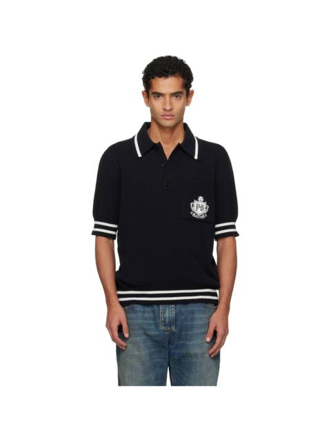 Balmain Black College Emblem Embroidery Knit Polo