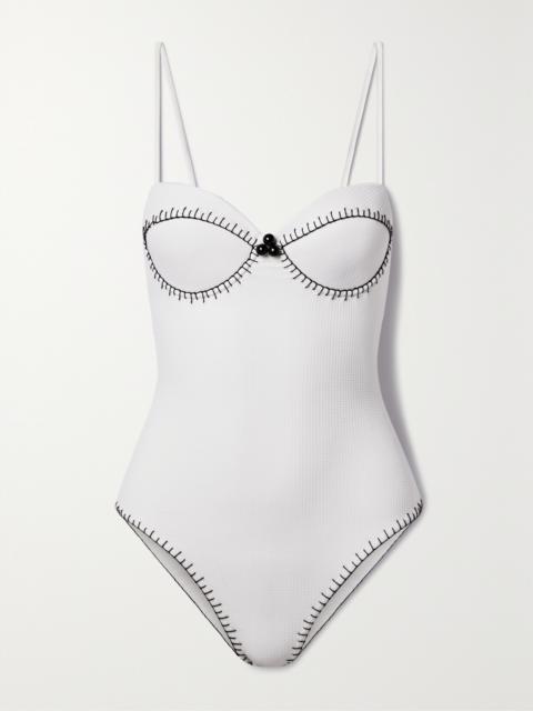 MARYSIA Salento Embellished Embroidered Seersucker Underwired Swimsuit