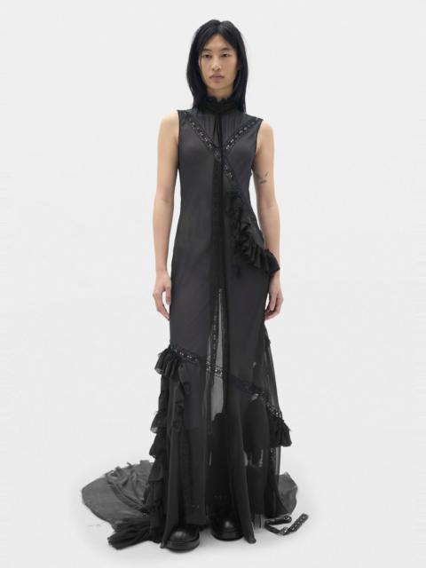 Ann Demeulemeester Monia X-Long High Neck Bias Dress With Lace Inalys and Ruffles