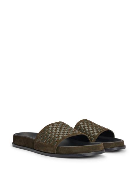 BOSS MIXED-LEATHER SLIDES WITH WOVEN UPPER STRAP