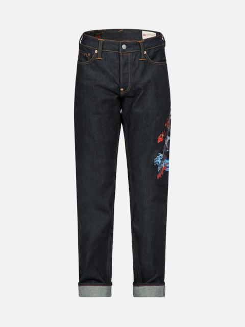 EVISU SAMURAI PRINT AND SEAGULL EMBROIDERY SLIM-FIT JEANS #2010
