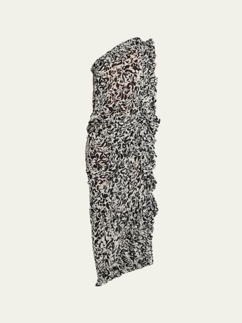 Dries Van Noten Dina One-Shoulder Abstract-Print Ruffle Midi Dress
