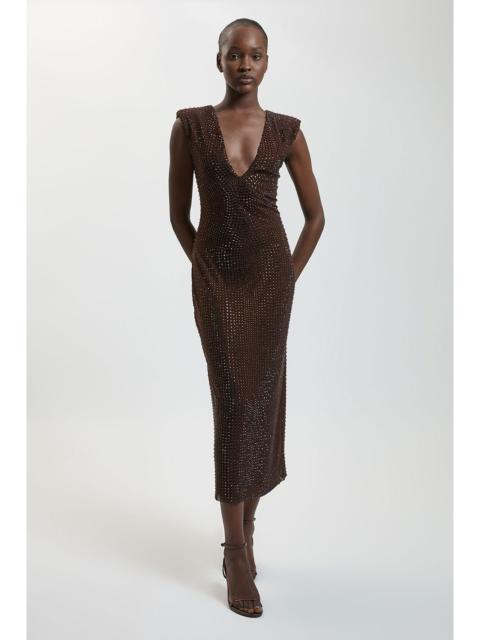KAREN MILLEN Premium Crystal Embellished Jersey Sleeveless Plunge Neck Midi Dress