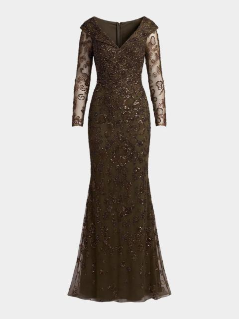 MAC DUGGAL Beaded Lace Long Sleeve Gown