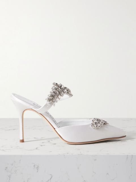 Manolo Blahnik Lurum 90 crystal-embellished satin mules White