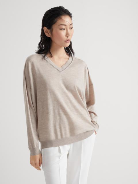 Brunello Cucinelli Cashmere and silk lightweight sweater with shiny collar trim