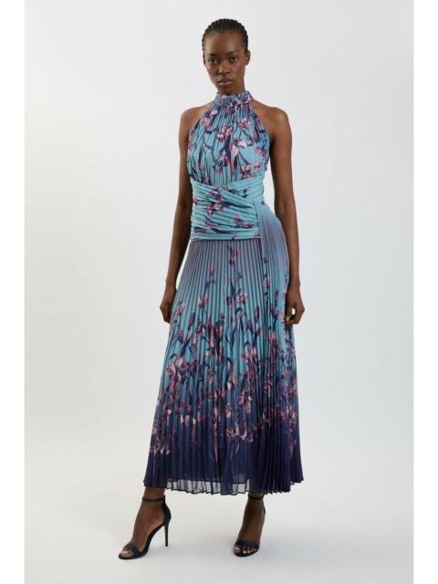 KAREN MILLEN Ombre Floral Crinkle Halter Neck Georgette Draped Woven Maxi Dress