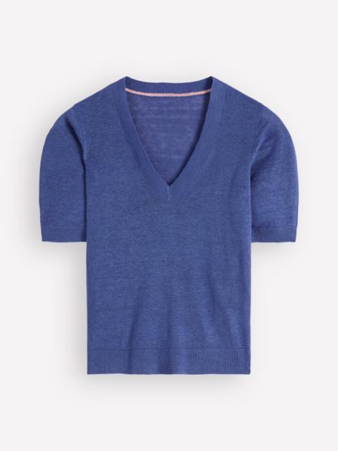 BODEN Agnes Linen V Neck T-Shirt-Solid Blue