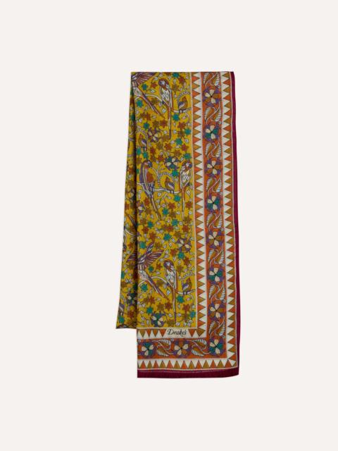 Drake's Yellow Birds and Flowers Print Wool-Silk Scarf
