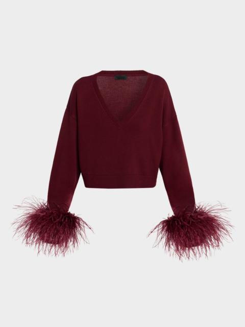 LAPOINTE Merino Wool V-Neck Crop Sweater With Feather Cuffs