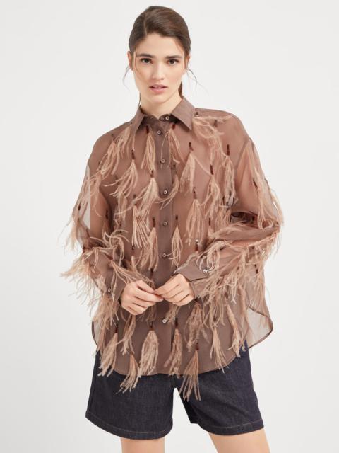 Crispy silk shirt with dazzling feather embroidery