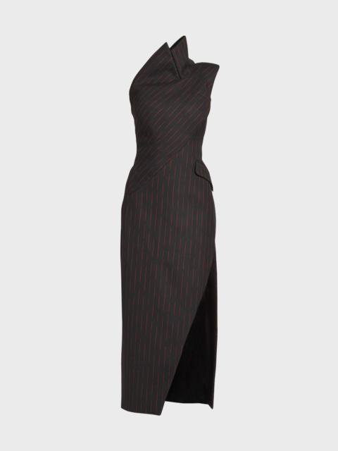 Pinstripe One-Shoulder Day Dress