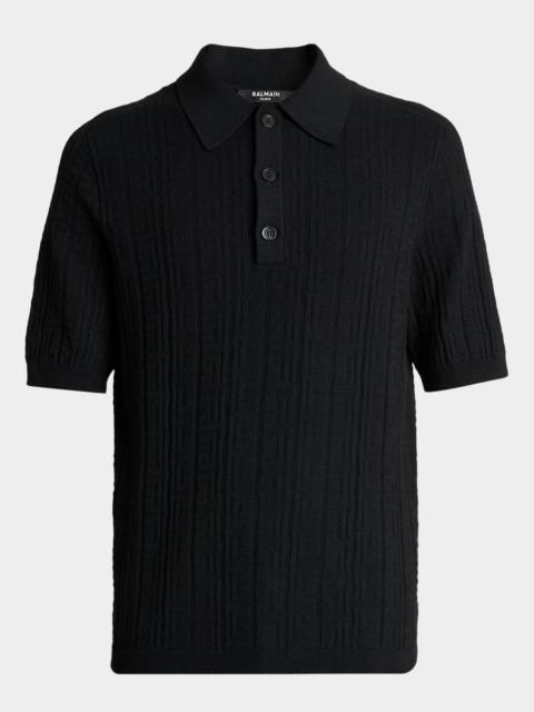 Balmain Men's Tonal Monogram Jacquard Short-Sleeve Polo Sweater