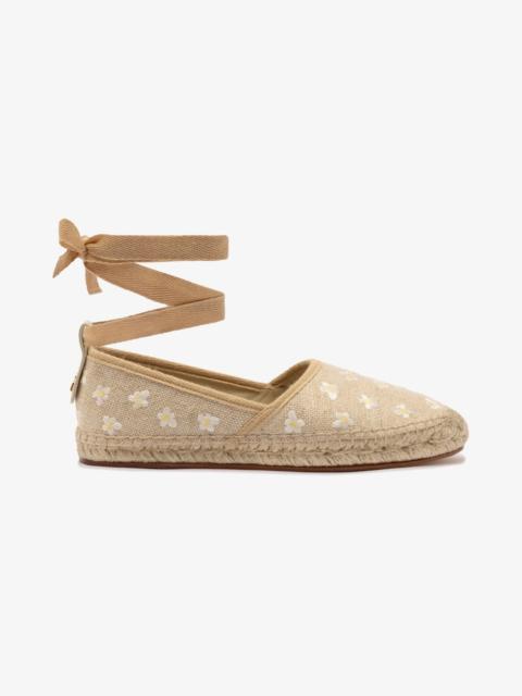 Larroudé Letizia Espadrille Flat In Raw Linen and Daisy Embroidery
