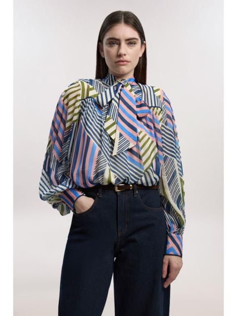 KAREN MILLEN Geo Printed Viscose Georgette Printed Pussybow Woven Blouse