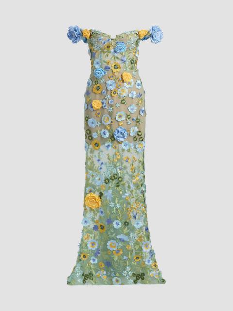 BRONX BANCO Women's Portofino Floral Applique Off-the-Shoulder Gown - Blue Multi