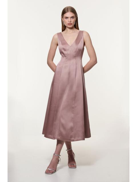 KAREN MILLEN Viscose Satin Structured Tailored Seam Detail Midi Dress