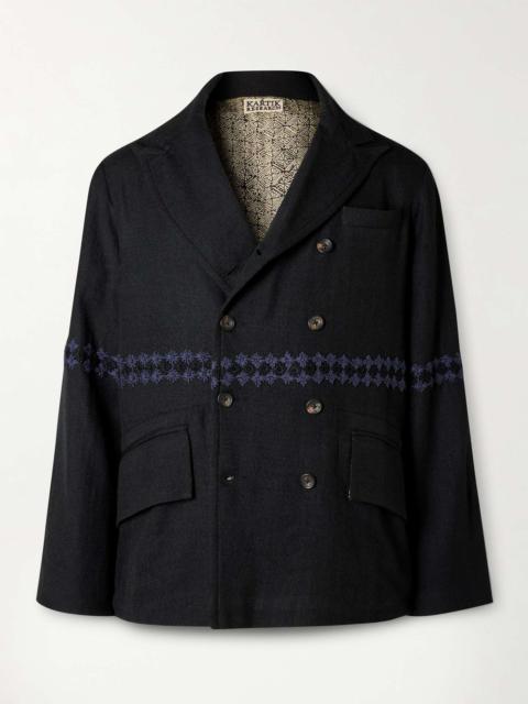 Double-Breasted Embroidered Wool-Flannel Suit Jacket