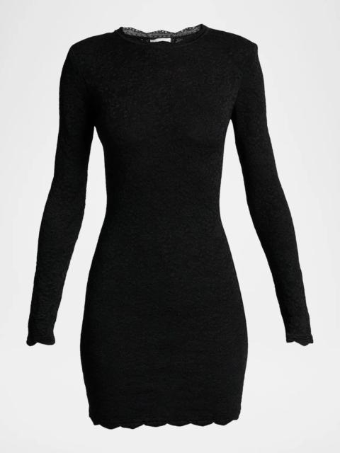 SAINT LAURENT Floral Lace Knit Long-Sleeve Mini Dress