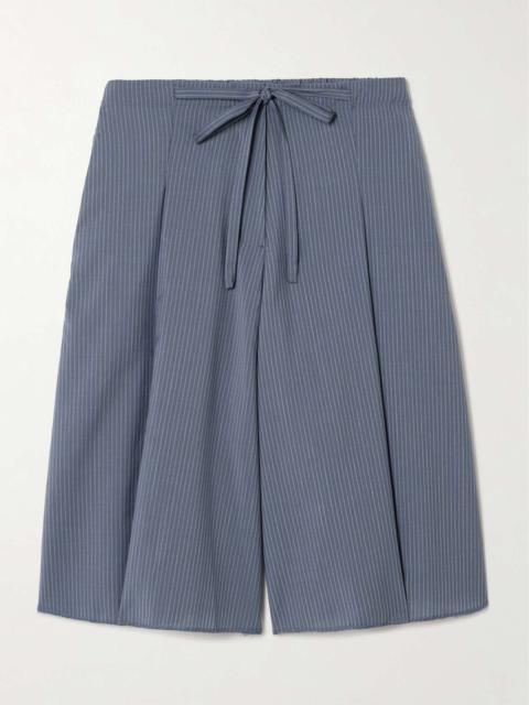 DEIJI STUDIOS Tie-detailed pleated striped wool wide-leg shorts Blue