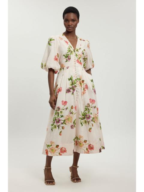 KAREN MILLEN Silk Cotton Floral Puff Sleeve Midi Dress