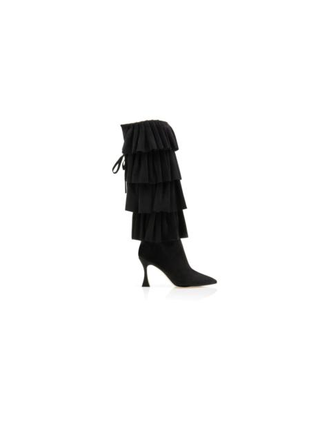 Black Suede Ruffled Knee High Boots