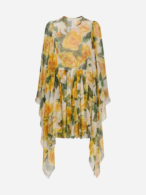 Short silk chiffon dress with yellow rose print