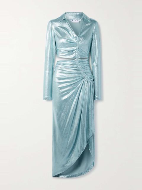 Off-White Cutout ruched stretch-lamé midi dress