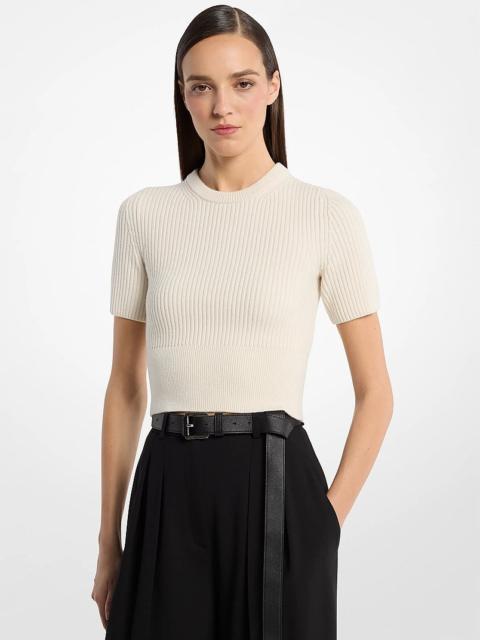 MICHAEL KORS COLLECTION Ribbed Cashmere Three-Quarter Sleeve Cropped Sweater