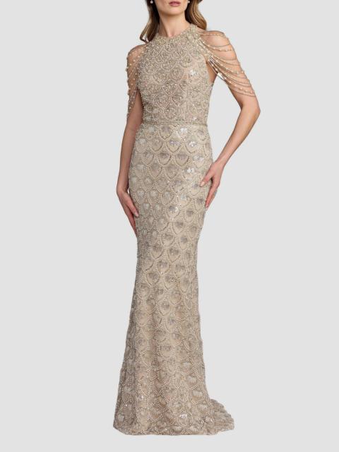 MAC DUGGAL Women's Draped Pearl-Inspired Beaded Column Gown - Cream Beige