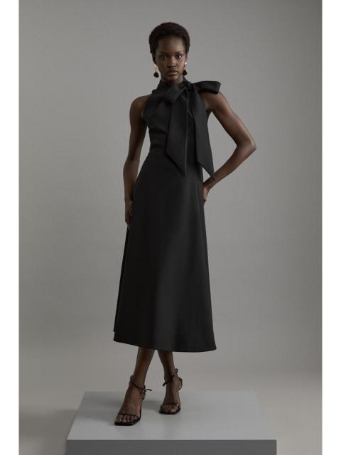KAREN MILLEN Compact Stretch Bow Tie Neck Full Skirted Midi Dress