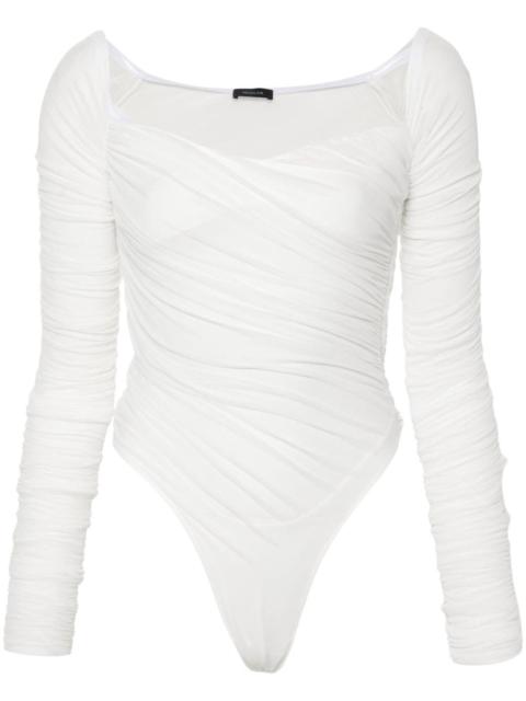 MUGLER off-shoulder ruched mesh bodysuit