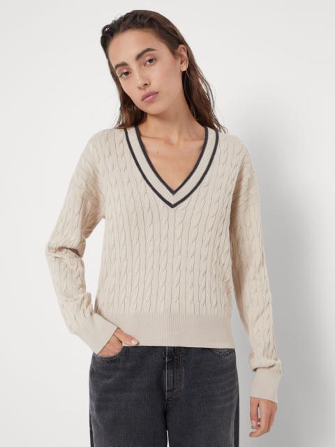 Cotton cable knit sweater with shiny contrast trims