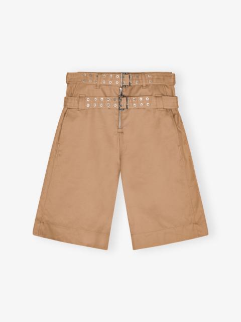 GANNI CAMEL BONDED COTTON BELT SHORTS