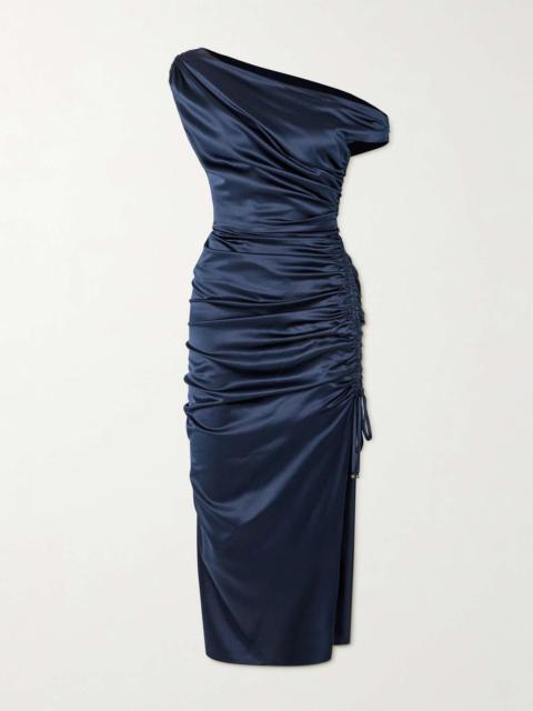 Kadie asymmetric ruched stretch-silk satin midi dress
