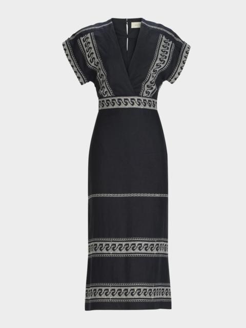 SILVIA TCHERASSI Ady Embroidered Linen Short-Sleeve Midi Dress