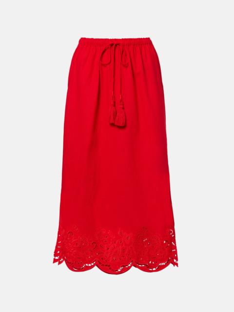 FARM RIO Broderie anglaise linen-blend midi skirt